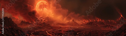 Volcanic alien terrain, with lava rivers and smoky skies, dark and ominous, under a red dwarf star , Product Photography photo