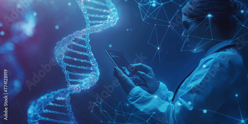 A female doctor, scientist or genetic researcher using a tablet in luminous DNA molecule structure with a blue background. Hologram, AR healthcare, and network. Medical science and biotechnology.