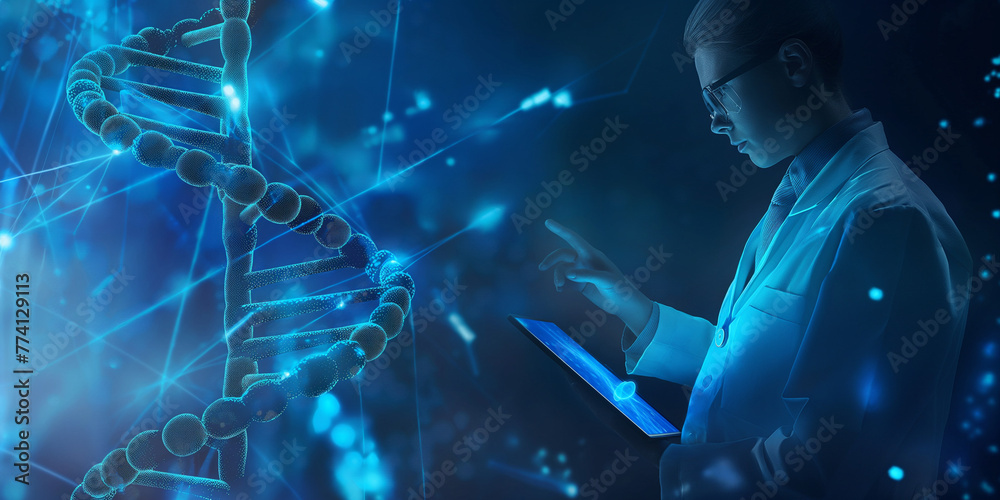 A female doctor, scientist or genetic researcher using a tablet in luminous DNA molecule structure with a blue background. Hologram, AR healthcare, and network. Medical science and biotechnology. - obrazy, fototapety, plakaty 