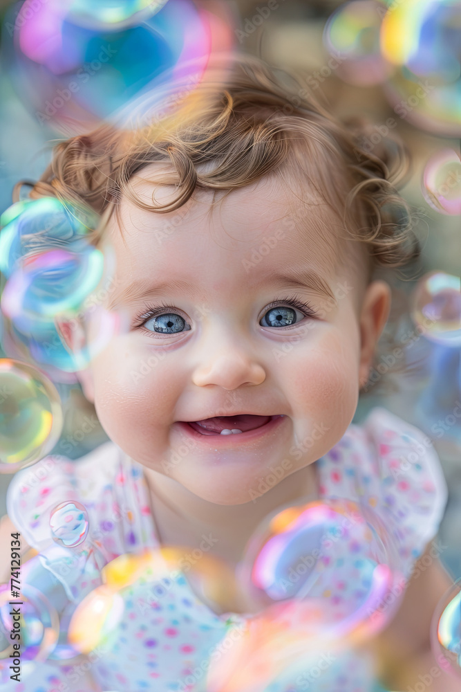A cute baby girl surrounded by colorful bubbles A cute baby girl surrounded by colorful bubbles