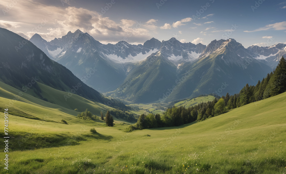 Majestic mountain range, tranquil meadow, panoramic landscape, beauty in nature , detailed Majestic mountain range, tranquil meadow, panoramic landscape, beauty in nature , detailed