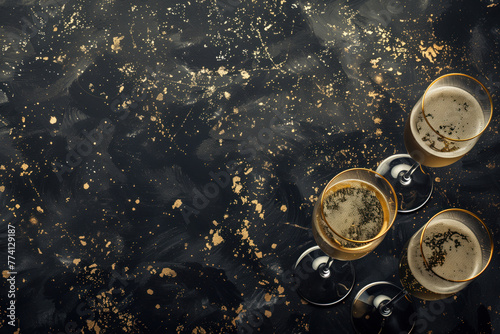Three glasses of champagne a stone table. Background image. Created with Generative AI technology. photo