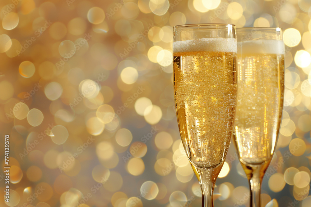 Two glasses of champagne, bokeh in the back. Background image. Created with Generative AI technology. Two glasses of champagne, bokeh in the back. Background image. Created with Generative AI technology.