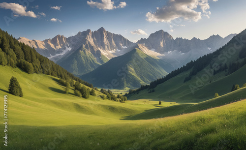 Majestic mountain range, tranquil meadow, panoramic landscape, beauty in nature , detailed