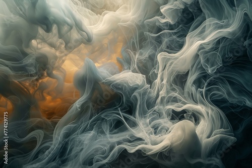 Swirling smoke patterns in cool and warm tones conveying a sense of fluid motion.