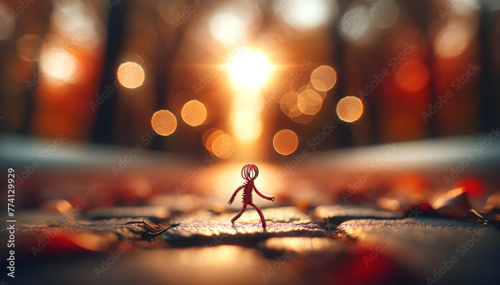 An artistic image featuring a whimsical red stick figure standing in the center of the frame. The stick figure has a round head and a simple, playful body shape that conveys a sense of motion - obrazy, fototapety, plakaty 
