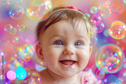 A cute baby girl surrounded by colorful bubbles