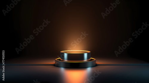 Black Podium Illuminated By Spotlights Before Black Background