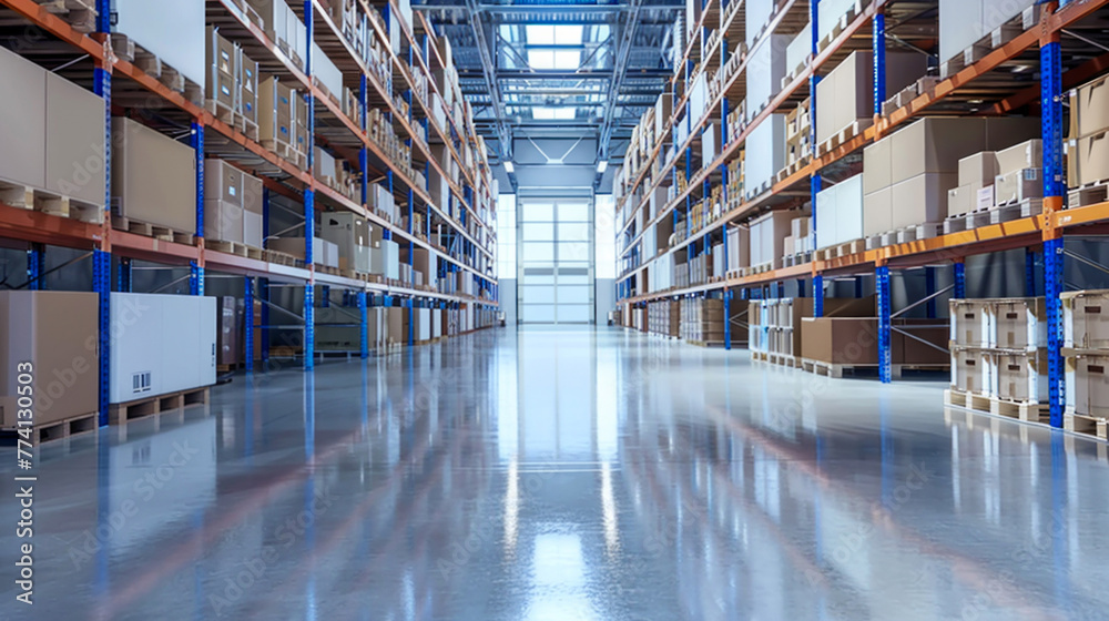 Spacious Warehouse Interior with Rows of Shelves and Boxes. Generative ai