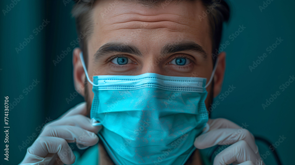 Close-up of a man wearing medical gloves and a surgical mask, with a serious expression, symbolizing health precautions. Close-up of a man wearing medical gloves and a surgical mask, with a serious expression, symbolizing health precautions.