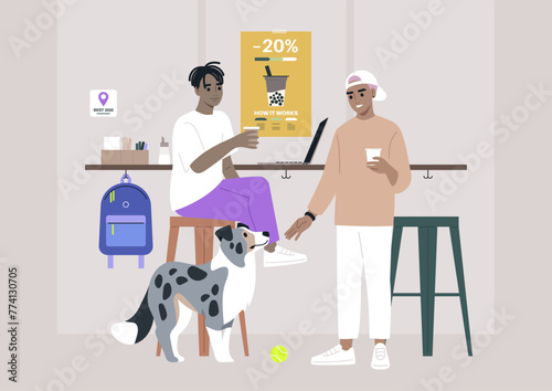 Two characters are seated at a table, accompanied by their loyal blue marble border collie