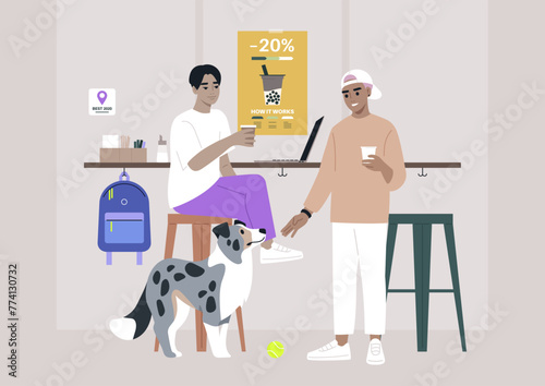 Two characters are seated at a table, accompanied by their loyal blue marble border collie