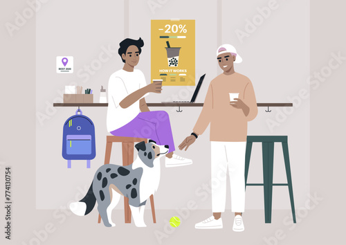 Two characters are seated at a table, accompanied by their loyal blue marble border collie