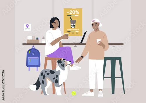 Two characters are seated at a table, accompanied by their loyal blue marble border collie