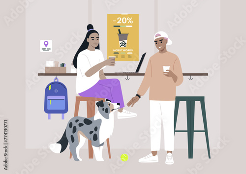 Two characters are seated at a table, accompanied by their loyal blue marble border collie