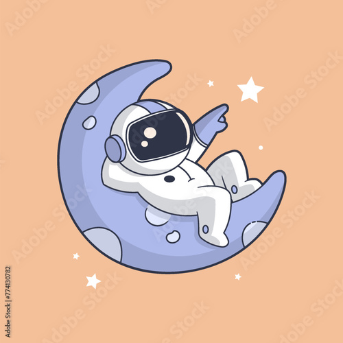 Astronaut relaxing in space on a moon funny cartoon vector illustration in retro vintage style (ID: 774130782)