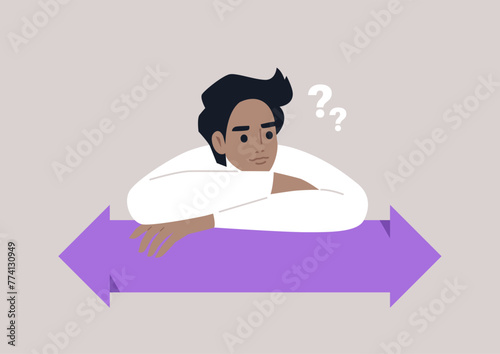 Pensive character Contemplating Directions on a Purple Arrow, A person rests their elbows on a large arrow sign pointing different directions, lost in thought