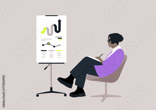 A curly woman sits in a chair in front of a flip chart, engrossed in thought, in a business office setting