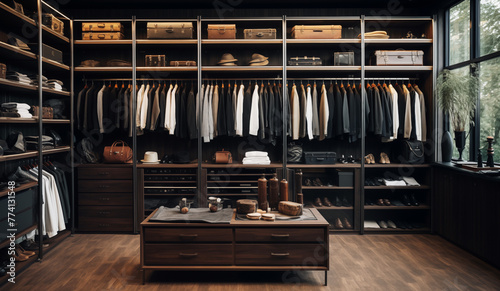 Modern businessman home big window wardrobe with plenty of classic man suits, shirts, fancy leather shoes and hats interior design closet image luxury accessories, business people and fashion concept. photo