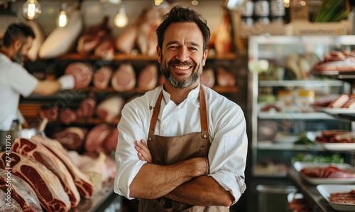 A happy smiling butcher inside a butcher shop
