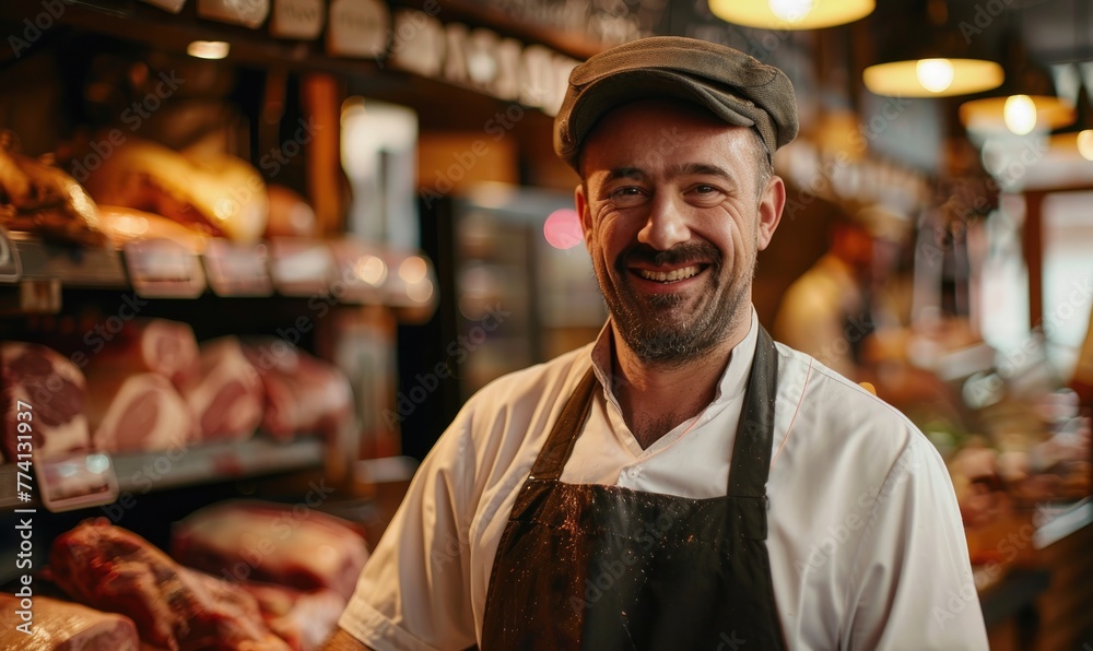 A happy smiling butcher inside a butcher shop A happy smiling butcher inside a butcher shop