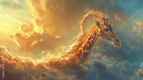 Giraffe neck transforming into a swirling staircase among the clouds  surreal digital art.