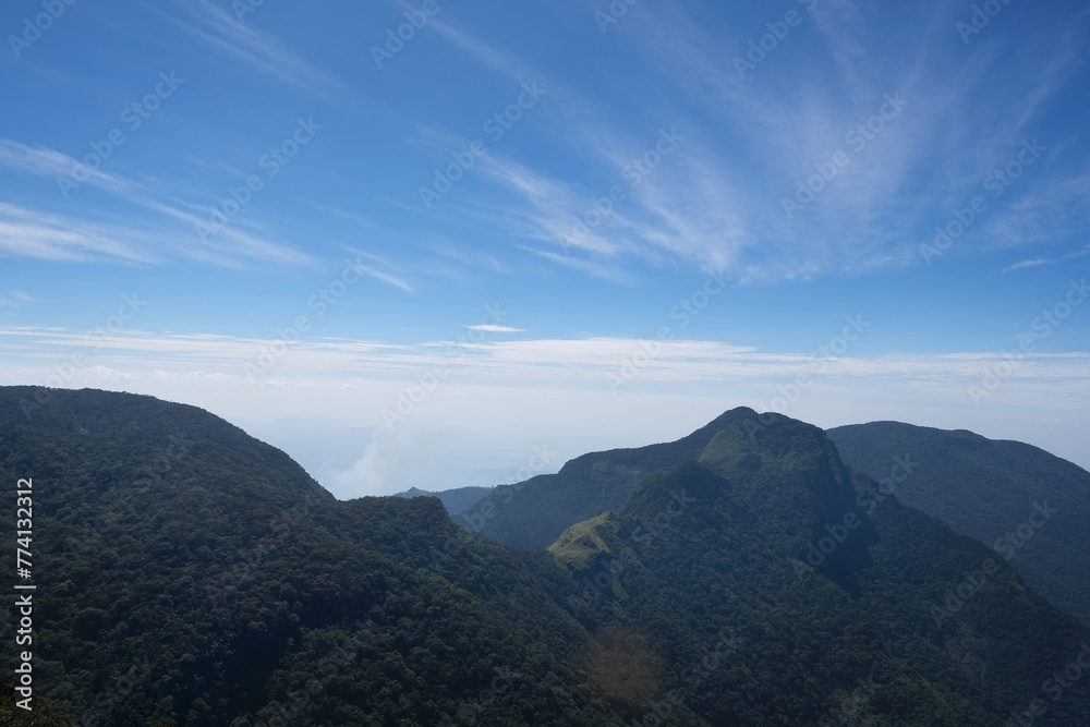 Beautiful scenery of Horton Plains National Park in Nuwara Eliya, Sri Lanka. Viewpoint on cliff named End of World. 