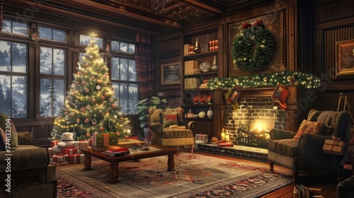 A cozy holiday living room scene, with a decorated Christmas tree, plush sofas, and a crackling fireplace casting a warm glow, creating the perfect setting for intimate family gatherings and cherished © Haseeb