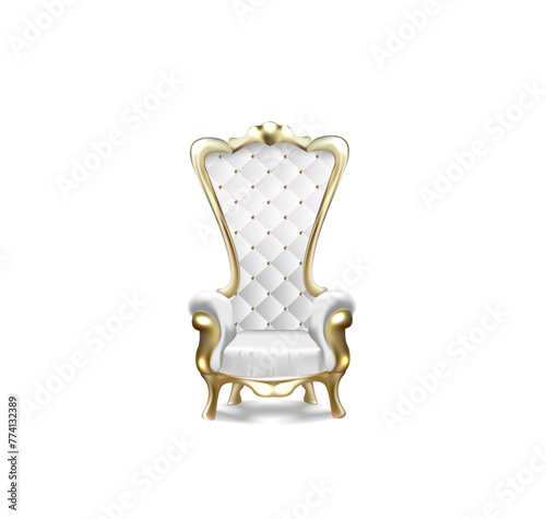 Luxurious antiquarian white armchair with high backrest realistic vector illustration isolated on white background. Gilded royal throne, exclusive old carved furniture from expensive materials icon