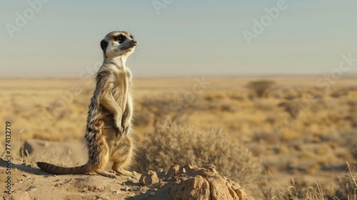 A curious meerkat, standing upright on its hind legs as it scans the horizon for signs of danger in the arid desert landscape.