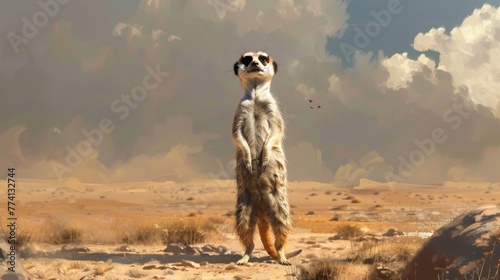 A curious meerkat, standing upright on its hind legs as it scans the horizon for signs of danger in the arid desert landscape.