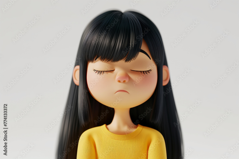 Sad upset disappointed depressed Asian cartoon character girl young woman female person with closed eyes in 3d style design on light background. Human people feelings expression concept - obrazy, fototapety, plakaty 