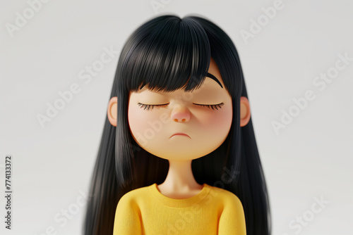 Sad upset disappointed depressed Asian cartoon character girl young woman female person with closed eyes in 3d style design on light background. Human people feelings expression concept © Cherstva