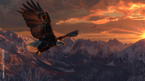 White eagle flying at sunset over mountains - Generated by AI