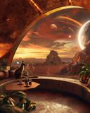 Interstellar coffee bar on Mars, with kangaroos as guests, resting under a dome with a view of space