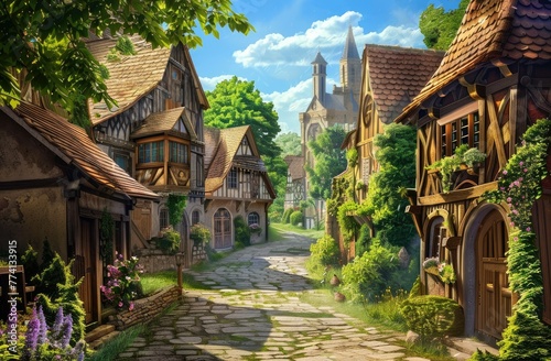 Enchanted Children's Storybook Village Scene with a Cobblestone Road