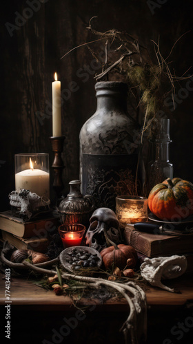 Samhain witchy altar. Skull, burning candles, pumpkins, old vessels, herbs and ancient tomes, vertical image.
