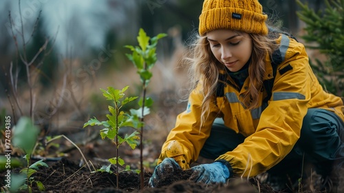 A Teen Girl Planting Young Trees In Soil, Forest on Background. Eco Activism, Environmental Conservation Effort, Earth Day, Arbor Day, Reforestation. AI Generated photo