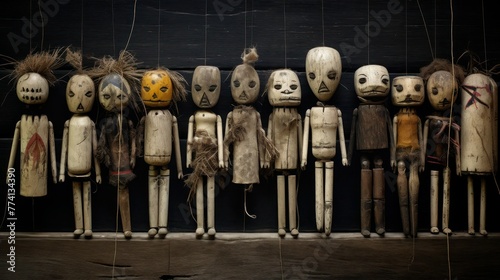 Creepy wooden and bone traditional voodoo dolls stand in a row.