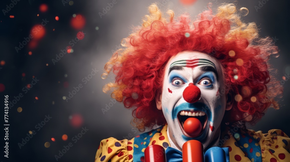 Funny clown with colorful balloons and confetti with isolate background. April Fool's Day concept