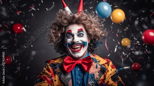 Funny clown with colorful balloons and confetti with isolate background. April Fool's Day concept