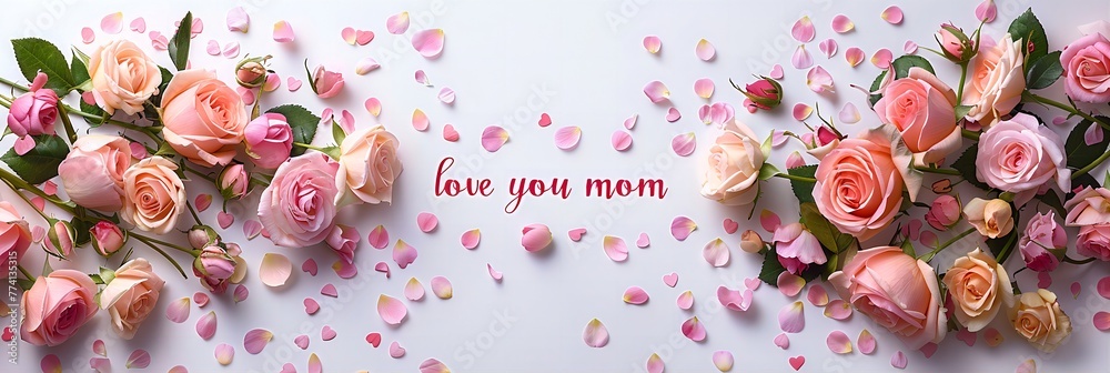 Elegant “Love You Mom” Tribute: Roses and Hearts on Minimalistic White Background for Mother’s Day Elegant “Love You Mom” Tribute: Roses and Hearts on Minimalistic White Background for Mother’s Day