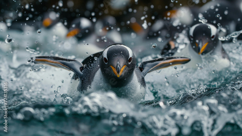 A group of penguins are swimming in the ocean