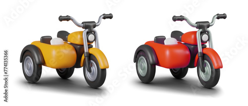 Set of realistic motorcycles of different colors. Yellow and red tricycle with sidecar