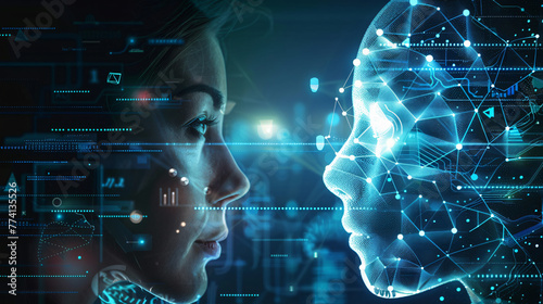 artificial intelligence concept, closeup of a women and robot opposite see, business data, and coding data flow, polygonal, blue background, generative ai