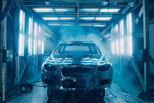 auto painting worker. car in a paint chamber during repair work