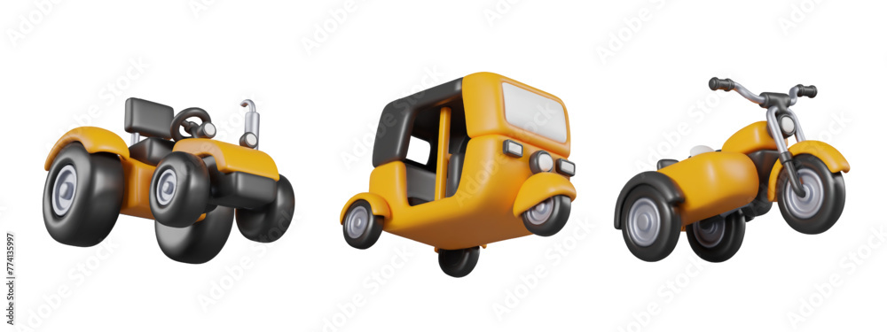 Set of passenger vehicles. 3D yellow tricycle with sidecar, autorickshaw, quad bike Set of passenger vehicles. 3D yellow tricycle with sidecar, autorickshaw, quad bike