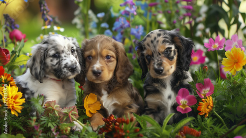 Three cute long-haired dachshund puppies in the garden with colorful flowers, spring background, detailed, sharp focus, high resolution photography, high quality, professional photo, wallpaper, photor