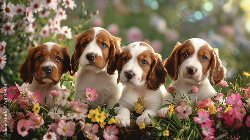 A group of cute and adorable Irish red & white spaniel puppies, playing in the flowers, with a photo realistic and detailed rendering in the style of a dreamy full body shot presented in high definiti photo