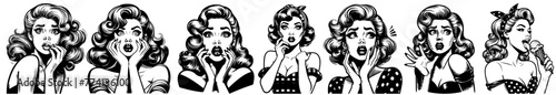 terrified pin-up girl vintage comic style, black silhouette vector, beauty woman cartoon print, retro clipart pin up illustration © Malgo